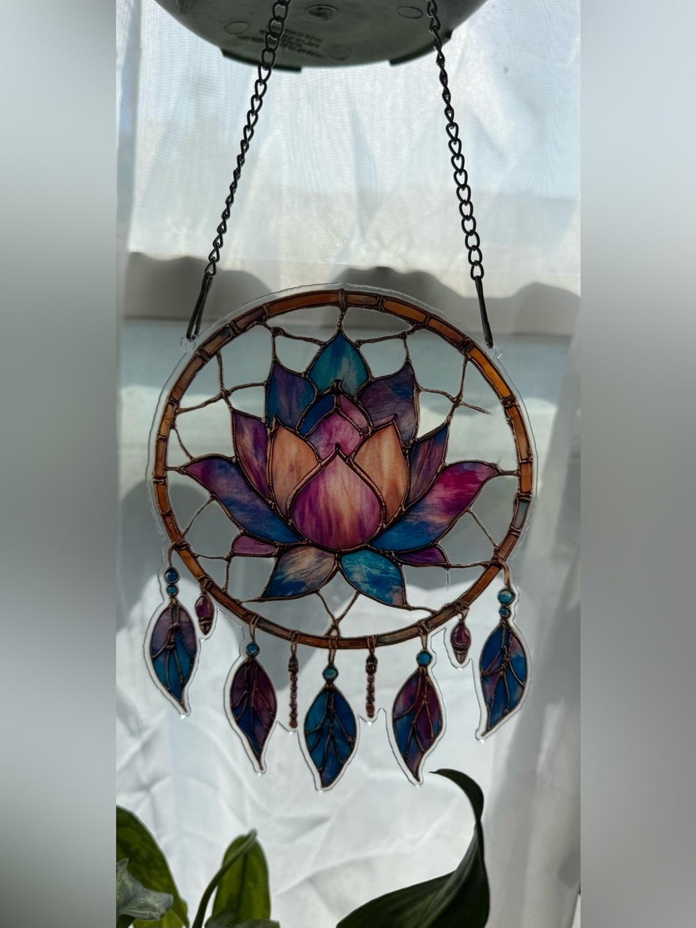 Stained-Glass Style Lotus Dreamcatcher Wall Art - Blue & Purple